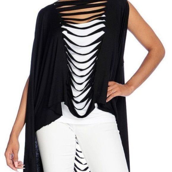 Black Stretch Knit Long Slit Detailed Convertible Shawl - Picture 3 of 7